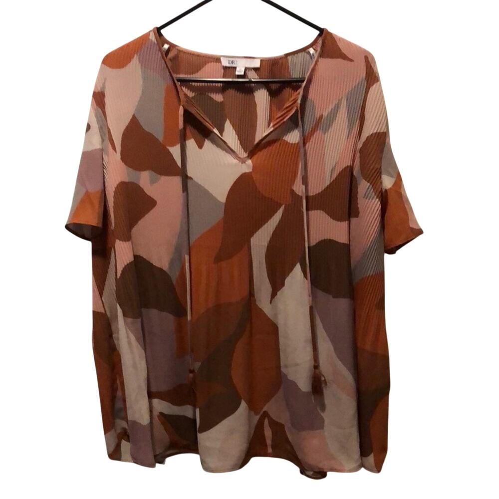DR2 Pink and Brown Relaxed Blouse Flutter Bell Sleeves Flowy Boho Lightweight